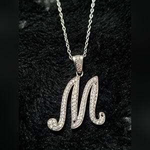 Vintage 925 Sterling Silver CZ Letter 'M' Initial Pendant Necklace💎
